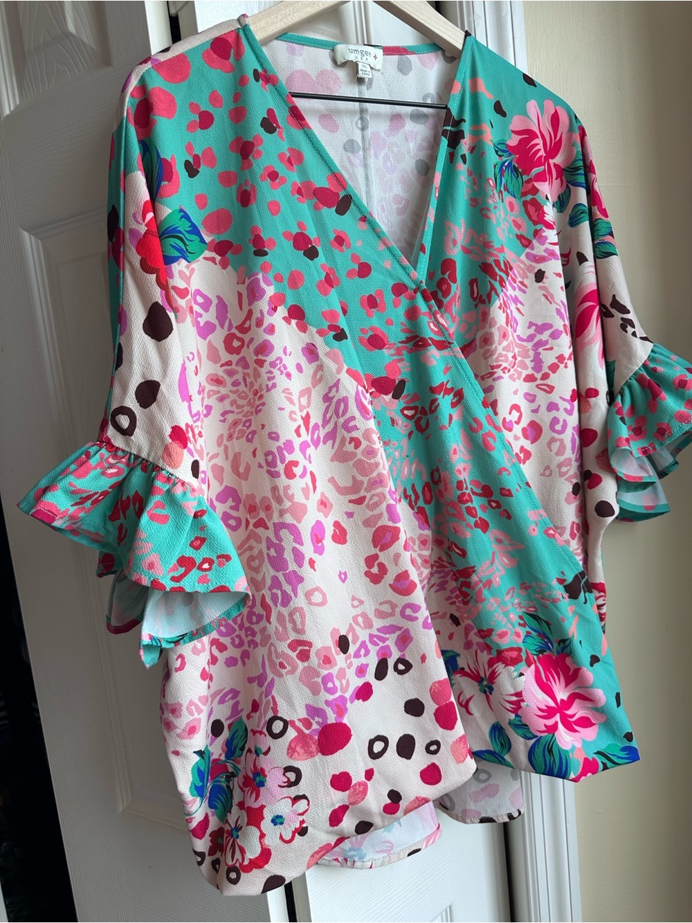 Umgee Turquoise, Pink & Cream Floral Wrap V-Neck Tunic